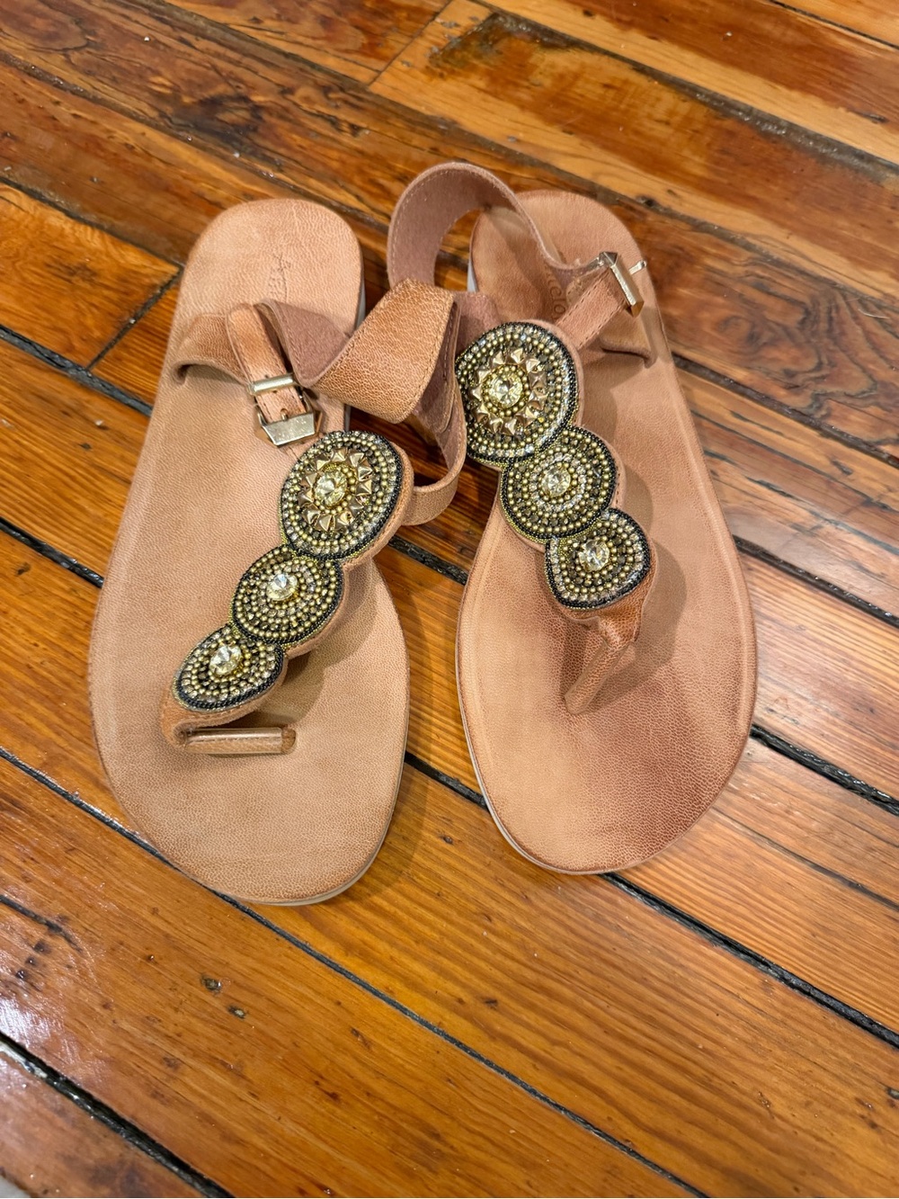 Antelope Tan Beaded T-Strap Sandals